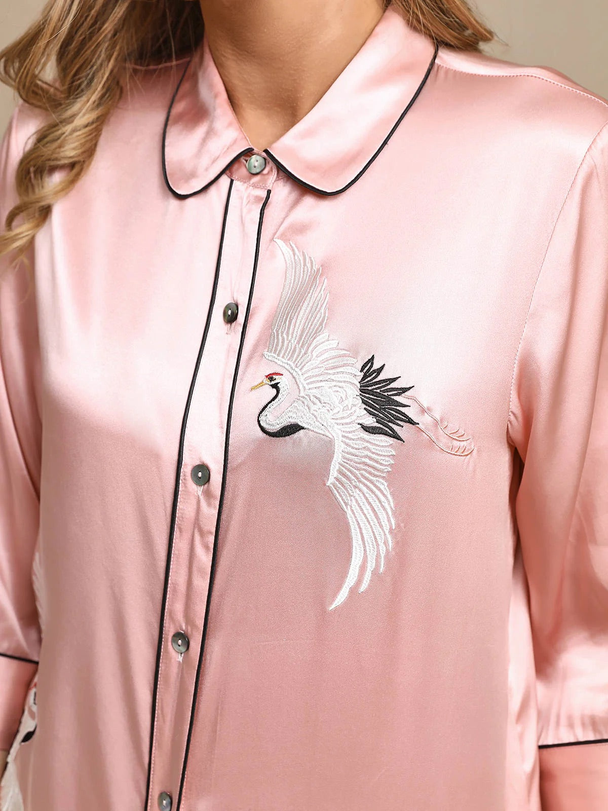 Pink Embroidered Crane Pure Silk Pajamas Set